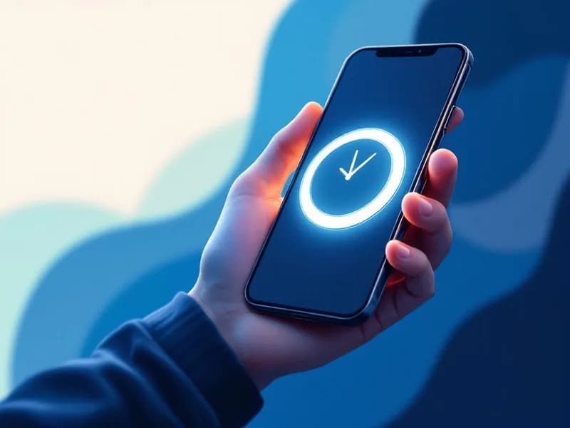 Illustration of a hand holding a phone with a large clock-in button