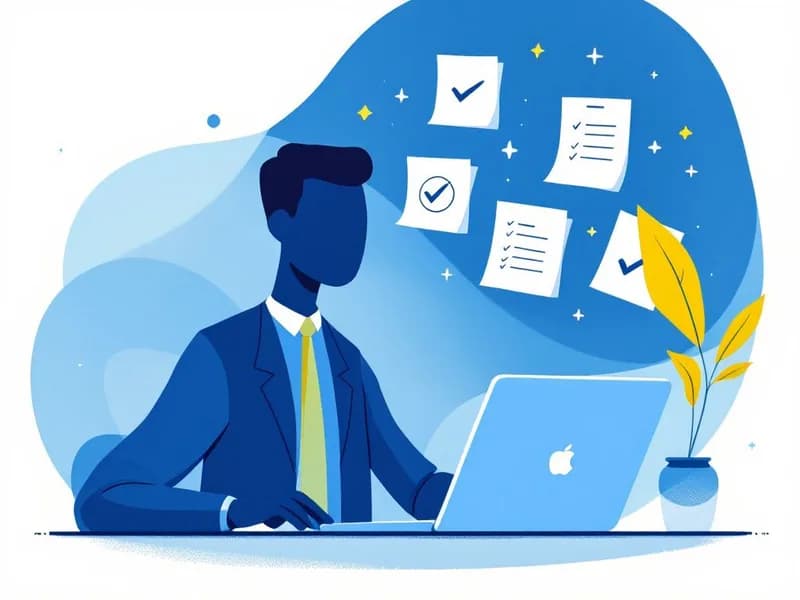 Illustration of a manager at a laptop reviewing timesheet cards with check marks