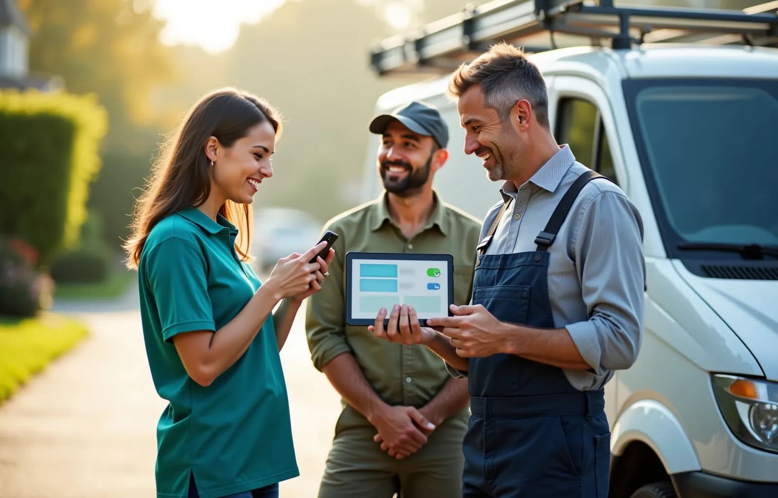 Smiling crew member in a teal polo clocking in on her phone beside a work van while a coworker in overalls shows a tablet with a simple timesheet screen