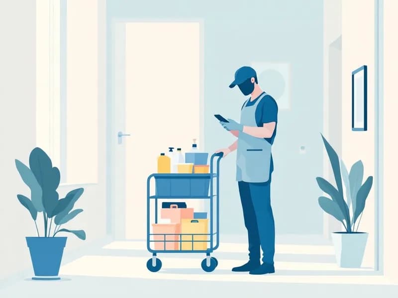 Illustration of a cleaning professional with a supply cart checking a phone