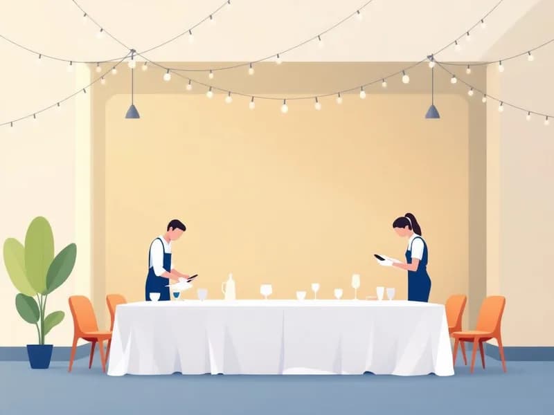 Illustration of event staff setting a banquet table under string lights