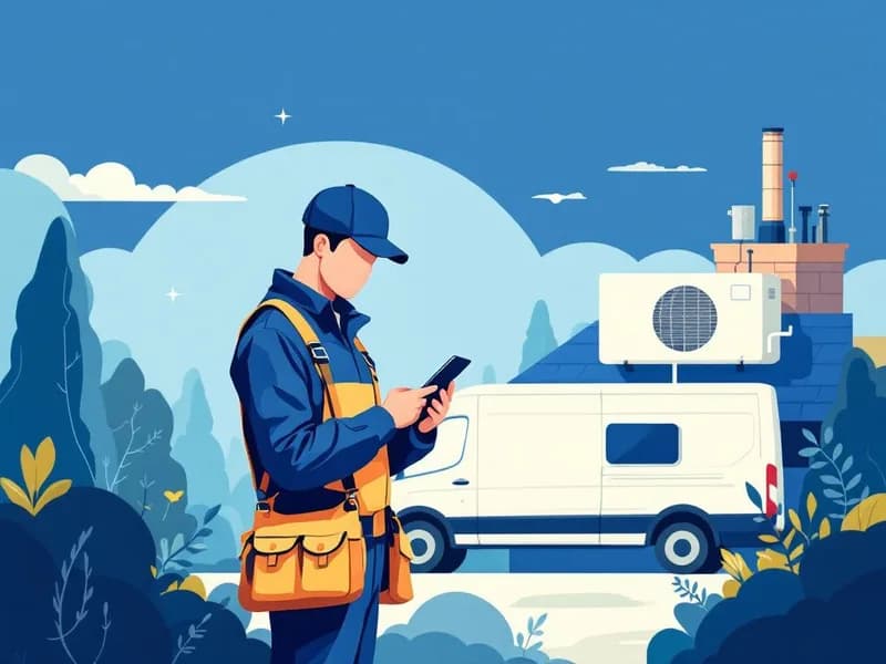 Illustration of a field technician with a tool bag beside a service van