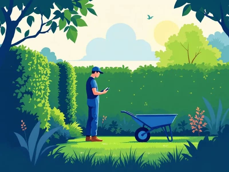 Illustration of a landscaper beside a hedge and wheelbarrow checking a phone