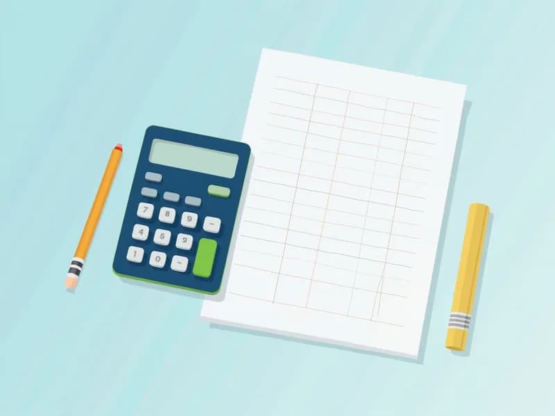 Illustration of a calculator, pencils and a blank ruled time card on a desk